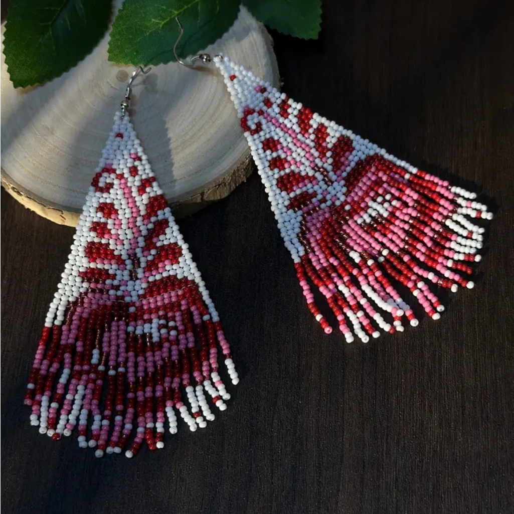 Red Floral Tassel Beaded Dangle Earrings